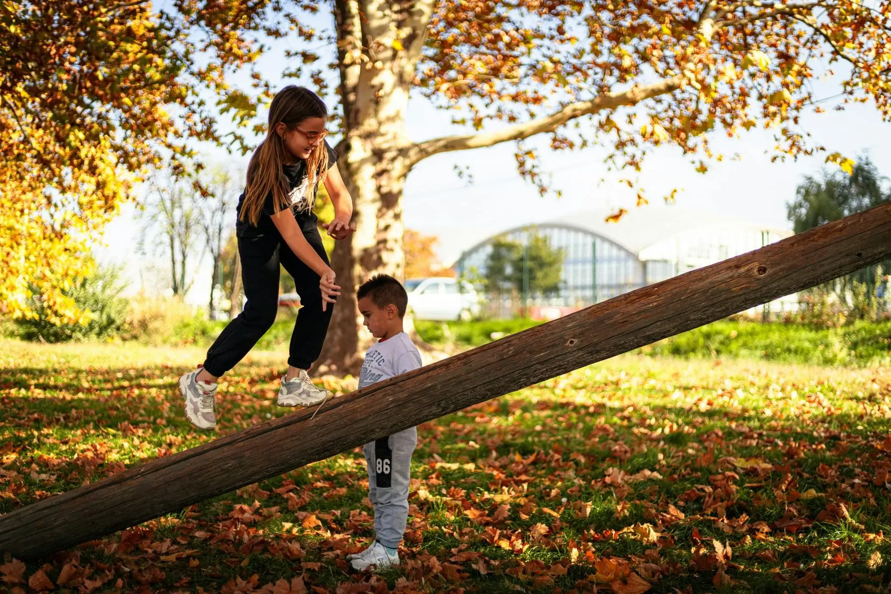 Two children playing together outdoors — one steadying the other as they balance along a fallen log.